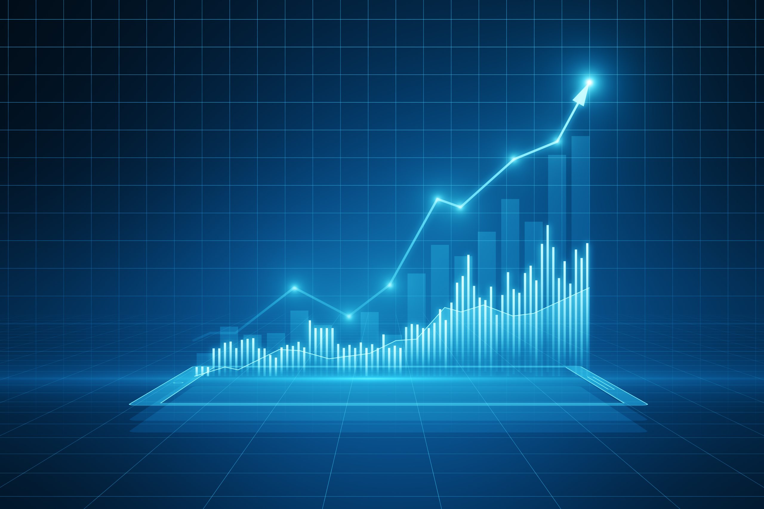 Front view of modern growing financial graph with rising up arrow on dark blue background. Investing, trading and stock market concept. 3D Rendering